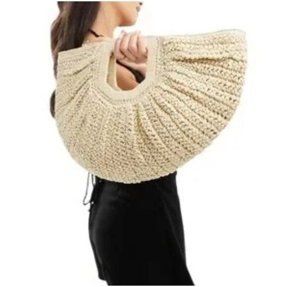 RAMLA Designer Raffia Woven Half Moon Handbag Straw Resort Beach Bag NEW - Picture 4 of 7